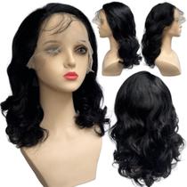 Peruca front lace HD humana ondulada preto natural 40cm
