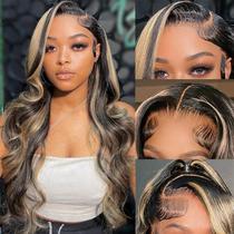 Peruca frontal de renda Aveiyce Highlight Ombre Balayage 24" 180% de densidade