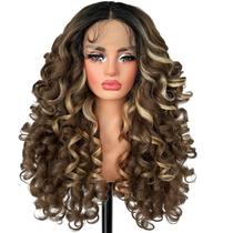 Peruca frontal de renda encaracolada SOKU, 22 polegadas de comprimento, marrom dourado para mulheres Peruca frontal de renda encaracolada SOKU, 22 polegadas de comprimento, marrom dourado para mulheres