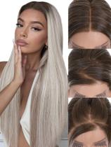 Peruca frontal de renda FAVE 13x4 HD 70cm Ombre Ash Blonde Sintética