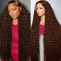 Peruca frontal de renda MXTQO 30 cm marrom chocolate Deep Wave 200% de densidade Peruca frontal de renda MXTQO 30 cm marrom chocolate Deep Wave 200% de densidade