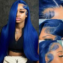 Peruca frontal de renda PANDA ANGEL Blue Straight Human Hair 66cm