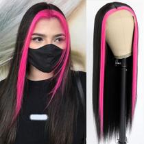 Peruca frontal de renda QD-tizer, cor de cabelo preta, 24" com listras rosa