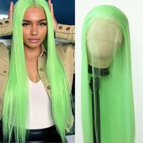 Peruca frontal de renda sintética BTWTRY verde claro longa reta Peruca frontal de renda sintética BTWTRY verde claro longa reta