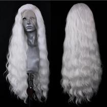 Peruca frontal de renda sintética ELESTY, cabelo branco longo e ondulado, 60 cm