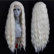 Peruca frontal de renda sintética ELESTY, cabelo loiro branco ondulado longo