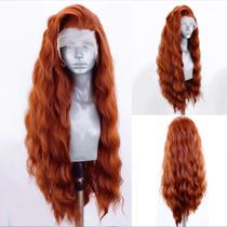 Peruca frontal de renda sintética ELESTY Copper Red Loose Wavy 60cm