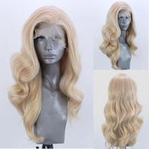 Peruca frontal de renda sintética ELESTY Long Wavy Blonde 60cm