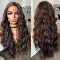 Peruca frontal de renda sintética ELESTY Long Wavy Brown 24 polegadas