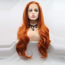Peruca frontal de renda sintética ELESTY Orange Long Wavy 60cm