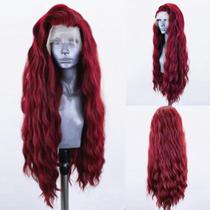 Peruca frontal de renda sintética ELESTY Wine Red Long Wavy 24 polegadas