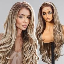 Peruca frontal de renda sintética KOME Ash Blonde para mulheres de 70 cm