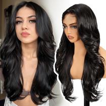 Peruca frontal de renda sintética KOME Black Layered Wave 66cm