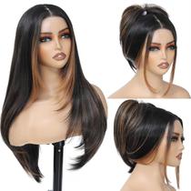 Peruca frontal de renda sintética KPROYU HD 26 cm reta preta feminina Peruca frontal de renda sintética KPROYU HD 26 cm reta preta feminina
