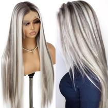 Peruca frontal de renda sintética SAPPHIREWIGS Straight Platinum Blonde