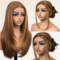 Peruca frontal de renda sintética Su Meis. Loira reta de 26 cm de comprimento