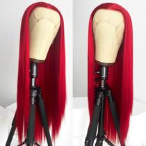 Peruca frontal de renda sintética WKIPYCPK, cabelo liso vermelho de 22 polegadas