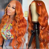 Peruca frontal de renda Srakuw Ginger Orange Body Wave 76 cm 180% de densidade