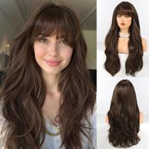 Peruca HAIRCUBE, longa, marrom escuro com franja, cabelo encaracolado em camadas