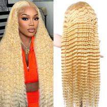 Peruca HUANGCAI 32" Loiro Deep Wave 200% Densidade HD Lace