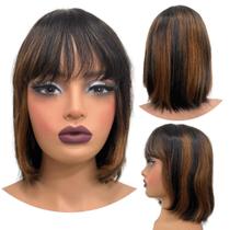 Peruca humana curta bob franja 25cm com lace no topo natural