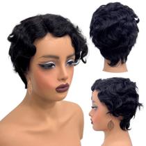 Peruca humana curta lace preta pixie cacheada encaracolada