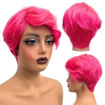 Peruca humana curta rosa pink franja lisa unissex cosplay Peruca humana curta rosa pink franja lisa unissex cosplay