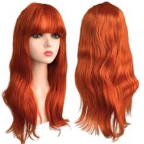 Peruca Humana Ruiva Laranja Com Franja Lisa Ondulada 50cm