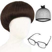 Peruca IMEYLE Brown Short Bowl Cut Sintética com Boné e Óculos