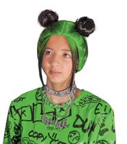 Peruca Infantil Billie Eilish - Penteado Double Bun Verde Oficial