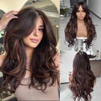 Peruca Jadeadyseg Ombre Brown Highlight, longa, camada, ondulada, 60 cm