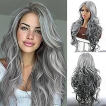 Peruca Jolelyne Silver Grey Ombre Highlight Wavy 60cm com franja