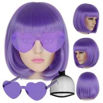 Peruca JoNeting Purple Bob+óculos de sol+boné de cabeloPeruca roxa curta reta com franja plana Perucas lilás curtas lilás engraçadas perucas engraçadas