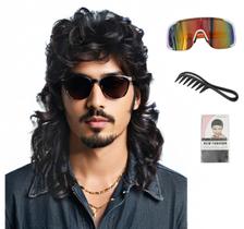 Peruca Kavsni Mullet para homens Joe Dirt Emo 80s Costume Party Black Peruca Kavsni Mullet para homens Joe Dirt Emo 80s Costume Party Black