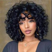 Peruca Kavsni Short Curly Soft Black Big Curly com franja de 14 polegadas