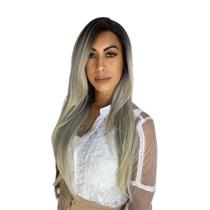 Peruca Lace Front Loira Platinada Ombre Hair Raiz Escura Repartição Livre 13x4, Modelo Riva, Sleek