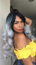 Peruca Lace Front Sintética Ombre Cinza 65 cm com Ajuste