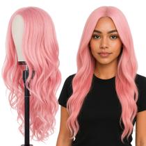 Peruca Lace Normal Ondulada Fibra Orgânica Rosa Aceita Chapinha