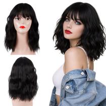 Peruca Lace Wig Estilo Long Bob Ondulado Com Franja Natural