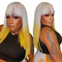 Peruca Lace Wig Lisa Com Franja Colorida Fibra Orgânica