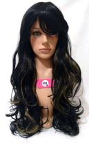 Peruca Lace Wig Ondulada Preta com Luzes Loiras Fibra Futura