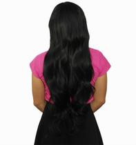 Peruca Lace Wig Ondulado Preto Franja Fibra Orgânica 70Cm