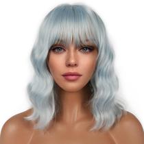 Peruca LANCAINI Short Bob com franja solta, ondulada, azul sintético Peruca LANCAINI Short Bob com franja solta, ondulada, azul sintético