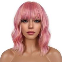 Peruca LANCAINI Short Bob com franja solta, ondulada, sintética, rosa