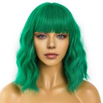 Peruca LANCAINI Short Bob com franja solta, verde ondulada, sintética Peruca LANCAINI Short Bob com franja solta, verde ondulada, sintética