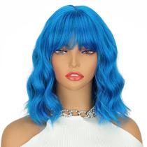 Peruca LINGHANG curta azul ondulada de 35 cm com franja para mulheres