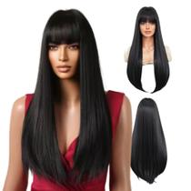 Peruca Lisa Com Franja 60cm Orgânica Igual Cabelo Humano Preta