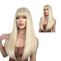 Peruca Lisa Loiro Claríssimo Com Franja 65cm Orgânica Premium