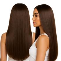 Peruca Lisa Longa Sem Franja 70cm Castanho Orgânica