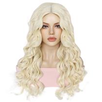 Peruca, loira platinada, comprida, encaracolada, sintética, 64cm, 450g